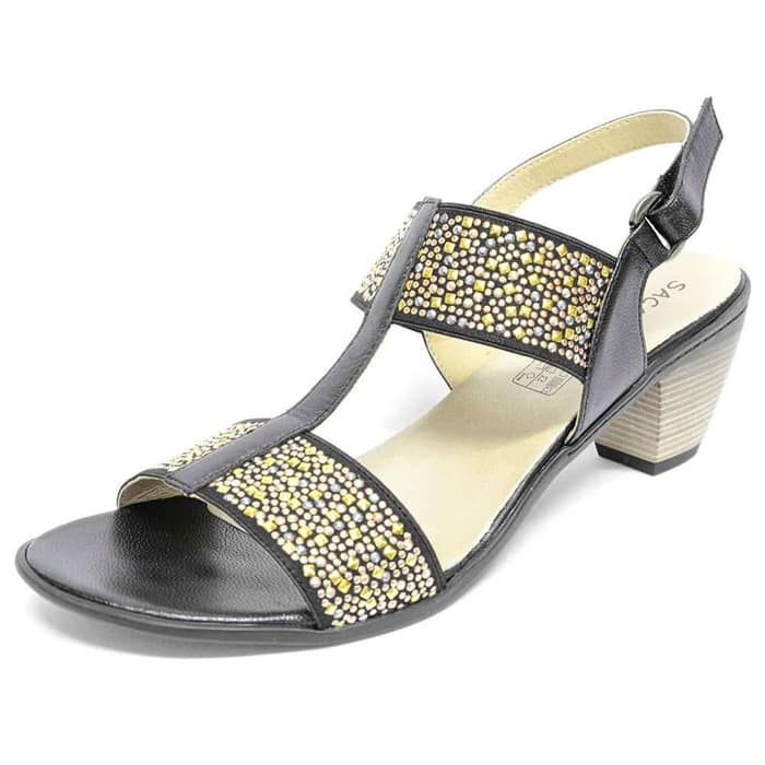sandales femme grande taille du 40 au 48, cuir lisse metallise noir, talon de 5 à 6 cm, sandales talons hauts, chaussures pour l'été