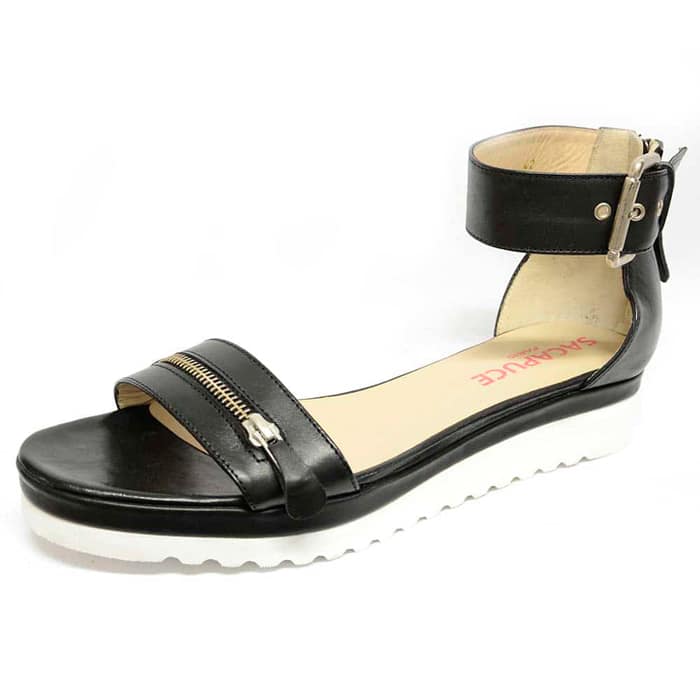 sandales femme grande taille du 40 au 48, cuir lisse noir, talon de 3 à 4 cm, à patins mode fantaisie, chaussures pour l'été
