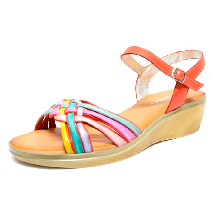 sandales femme grande taille du 40 au 48, cuir lisse multicolore rouge, talon de 5 à 6 cm, confort talons compensés, chaussures pour l'été