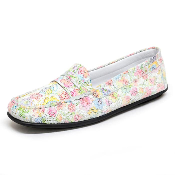 mocassins femme grande taille du 40 au 48, à fleurs blanc multicolore, talon de 0,5 à 2 cm, souples confort detente, chaussures pour l'été