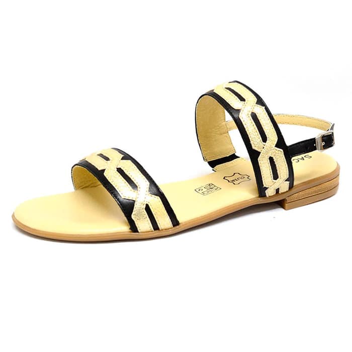 sandalettes femme grande taille du 40 au 48, cuir lisse metallise noir, talon de 0,5 à 2 cm, sandales plates, chaussures pour l'été