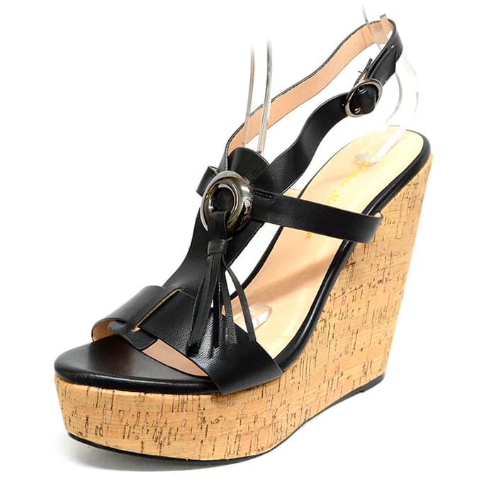 sandales femme grande taille du 40 au 48, simili cuir noir, talon de  9 cm et plus, à patins pas cheres sandales talons hauts fantaisie, chaussures pour l'été