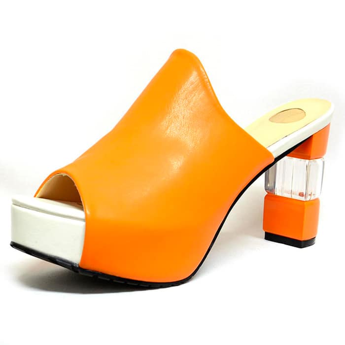 sabots femme grande taille du 40 au 48, cuir lisse orange, talon de  9 cm et plus, à patins talon haut fantaisie, chaussures pour l'été