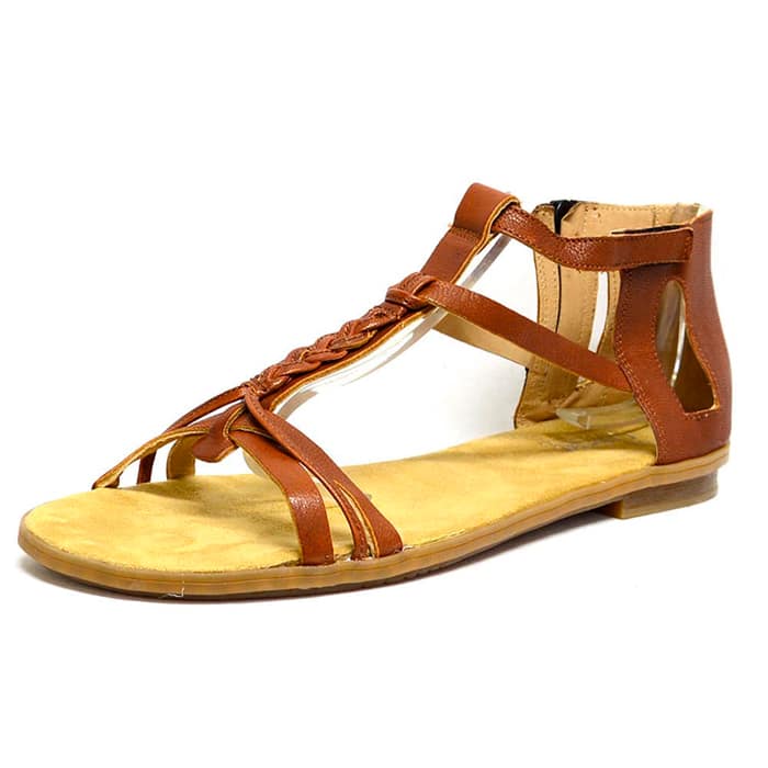 sandales femme grande taille du 40 au 48, cuir lisse marron, talon de 0,5 à 2 cm, sandales plates detente, chaussures pour l'été