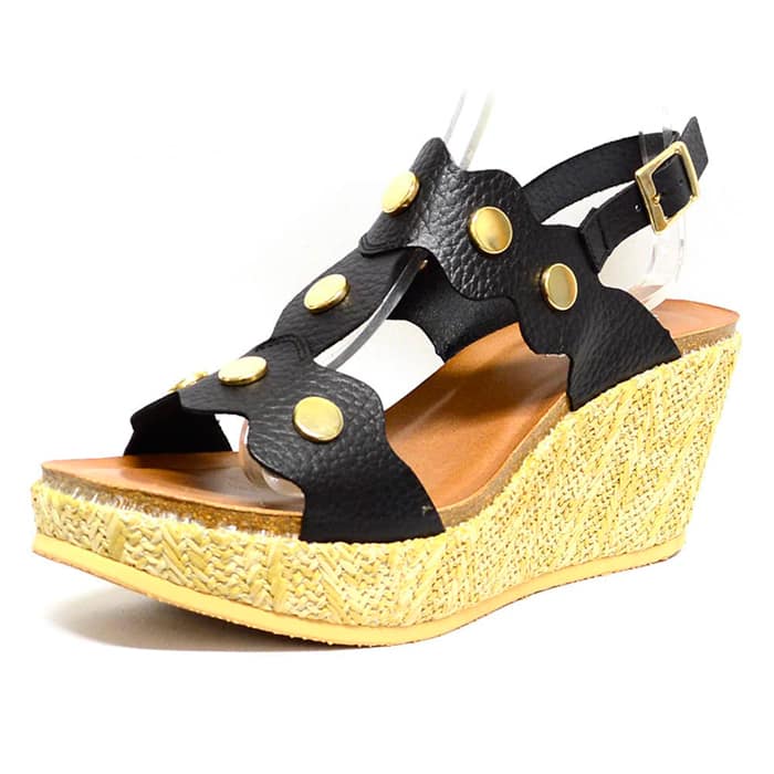 sandales femme grande taille du 40 au 48, cuir lisse noir, talon de 7 à 8 cm, tendance talons compensés, chaussures pour l'été