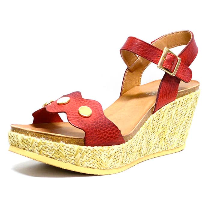 sandales femme grande taille du 40 au 48, cuir lisse rouge, talon de 7 à 8 cm, tendance detente, chaussures pour l'été