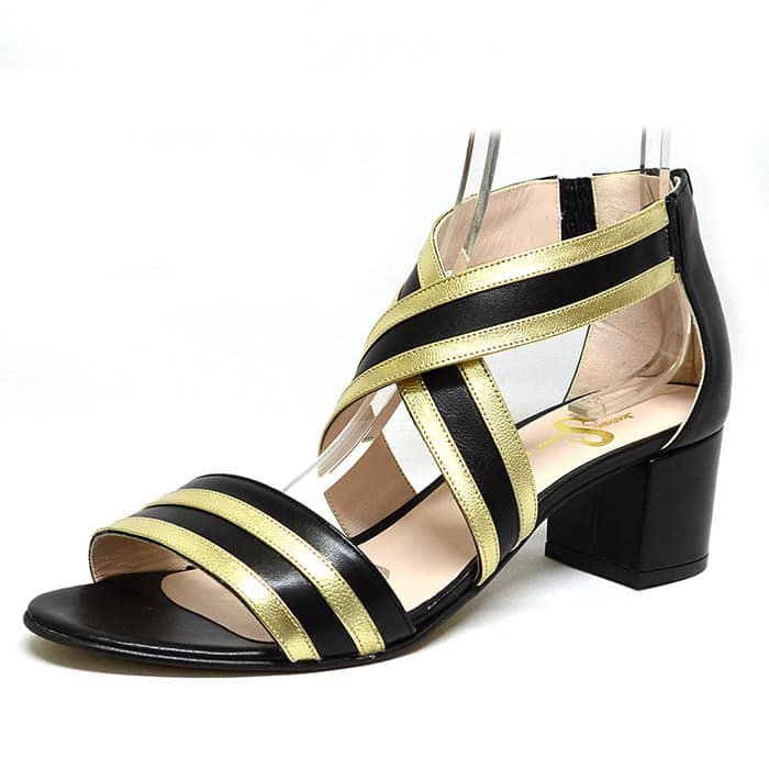 sandales femme grande taille du 40 au 48, cuir lisse noir or, talon de 5 à 6 cm, habillee, chaussures pour l'été