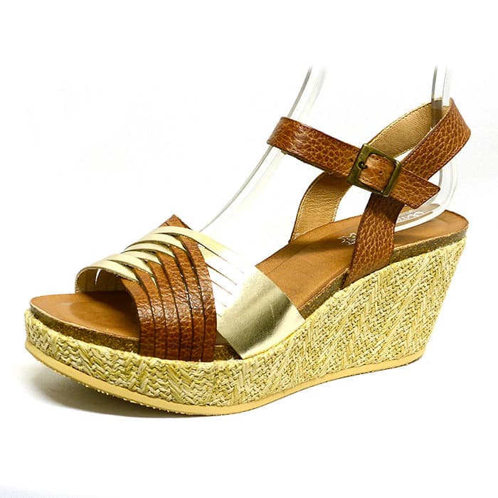 sandales femme grande taille du 40 au 48, cuir lisse marron or, talon de 7 à 8 cm, confort detente talons compensés, chaussures pour l'été