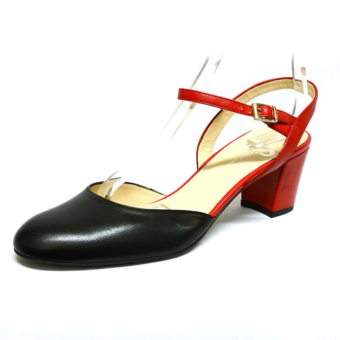 sandales femme grande taille du 40 au 48, cuir lisse noir rouge, talon de 5 à 6 cm, , toutes saisons