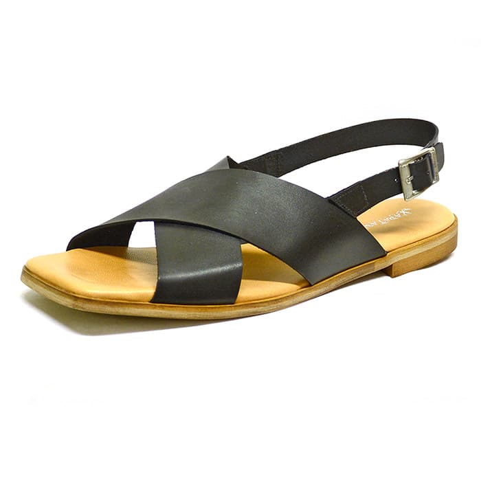 sandales femme grande taille du 40 au 48, cuir lisse noir, talon de 0,5 à 2 cm, plates sandales plates detente, chaussures pour l'été