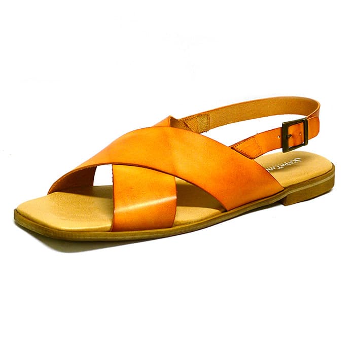 sandales femme grande taille du 40 au 48, cuir lisse orange, talon de 0,5 à 2 cm, plates sandales plates detente, chaussures pour l'été