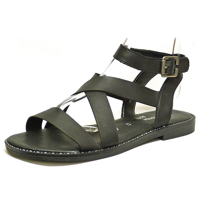 sandales femme grande taille du 40 au 48, cuir lisse noir, talon de 0,5 à 2 cm, plates sandales plates souples confort detente, chaussures pour l'été