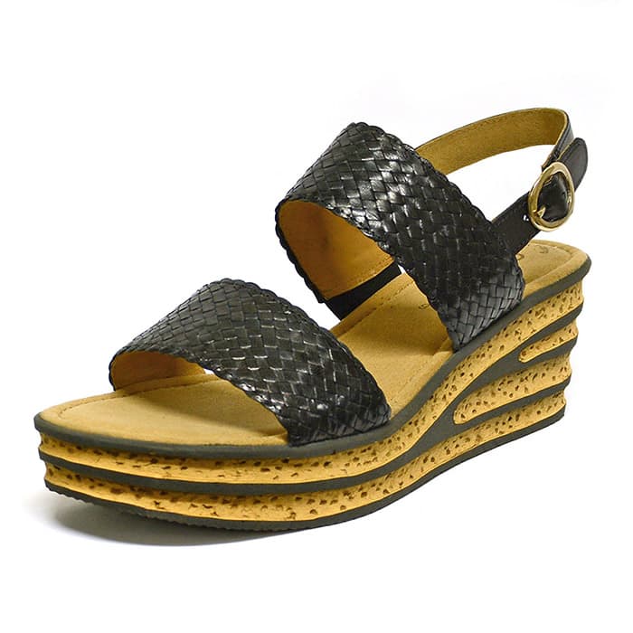 sandales femme grande taille du 40 au 48, cuir tressé noir, talon de 7 à 8 cm, à patins mode tendance detente talons compensés, chaussures pour l'été